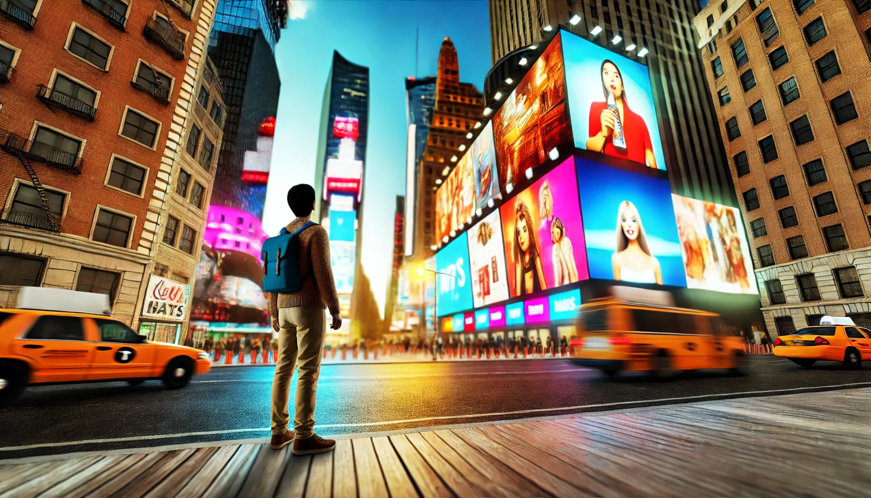 DALL·E 2024-06-16 12.11.10 - A high-resolution, hyper-realistic image of a person standing in the street of a bustling city, similar to New York, looking at large advertisement bi