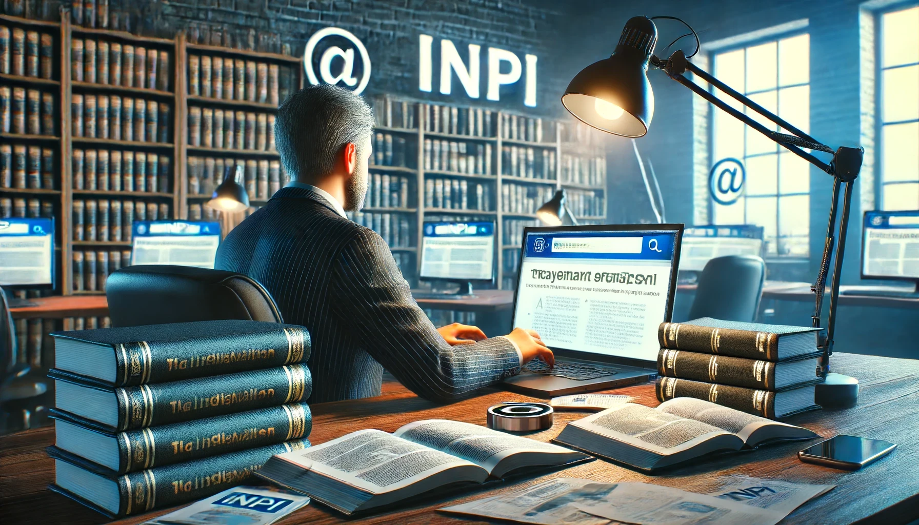 DALL·E 2024-06-16 12.18.56 - A high-resolution, hyper-realistic image depicting a person conducting thorough research for trademark registration. The scene should show a professio