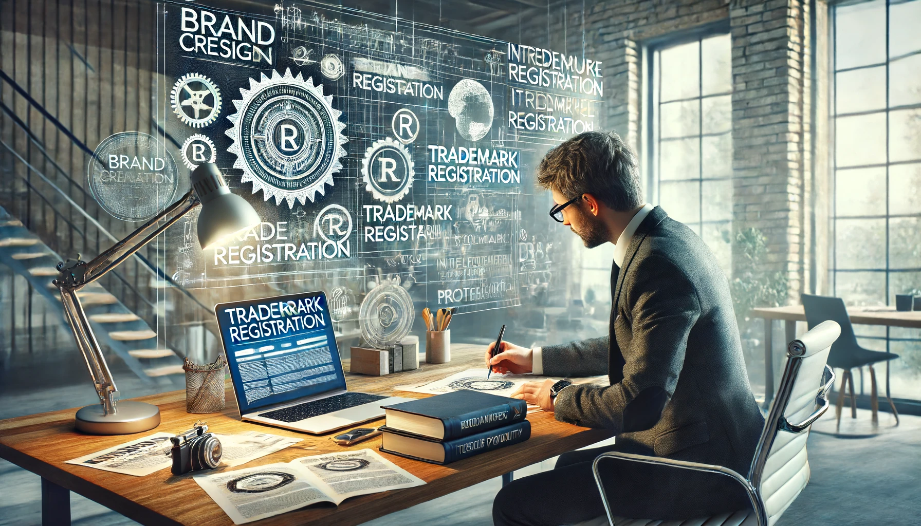 DALL·E 2024-06-16 12.20.26 - A high-resolution, hyper-realistic image depicting an entrepreneur working on brand creation and trademark registration. The scene should show a profe